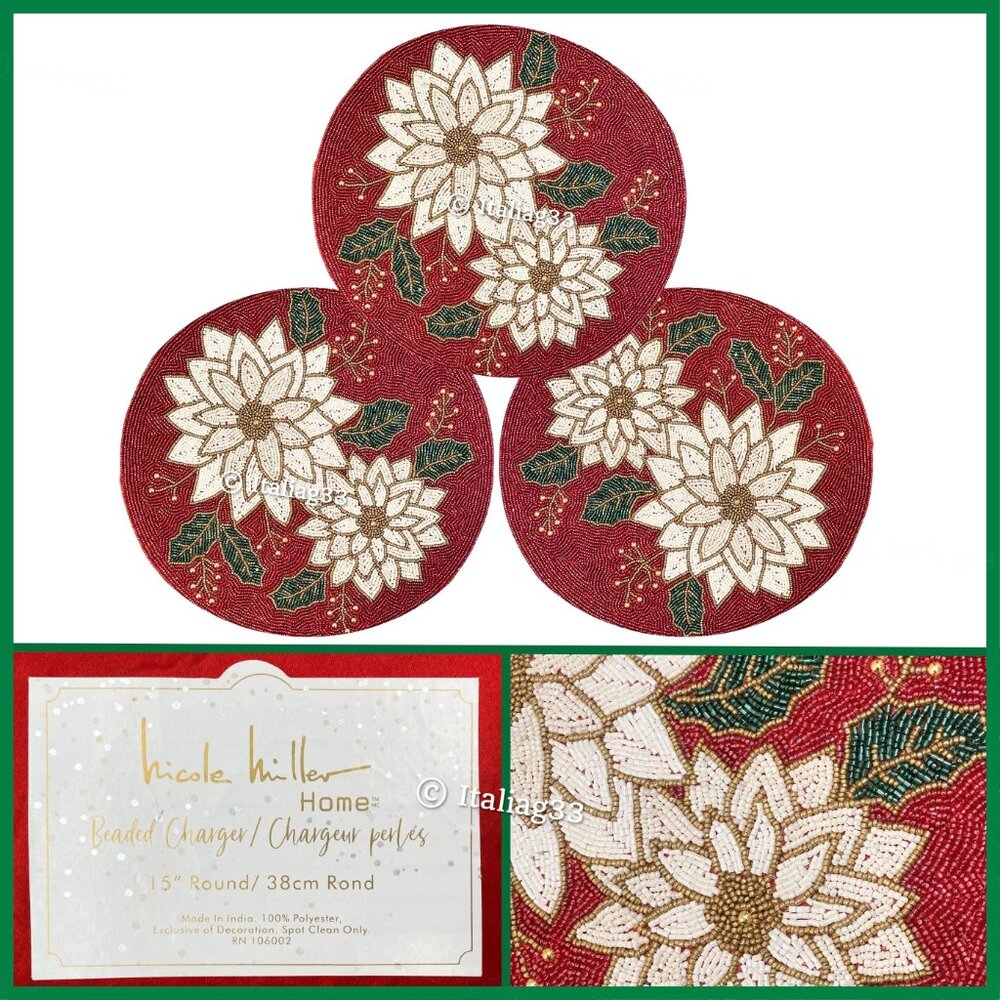 Nicole Miller Beaded Charger Placemats 15" Holiday Christmas POINSETTIAS Red NEW